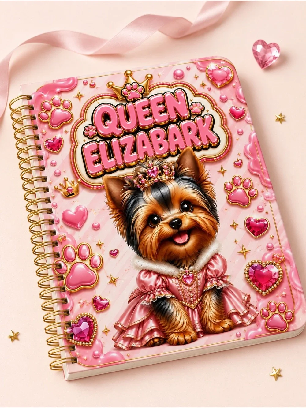 Queen Elizabark Pink Spiral Notebook - Cute Yorkie Design